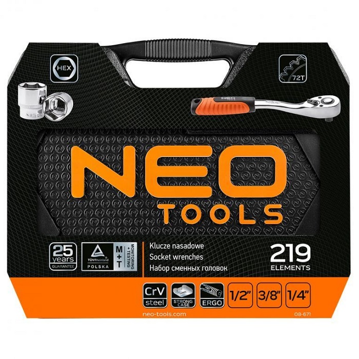 Neo-Tools Dopsleutelset met ringsteeksleutels 1/2″, 3/8 “en 1/4” (219-delig)